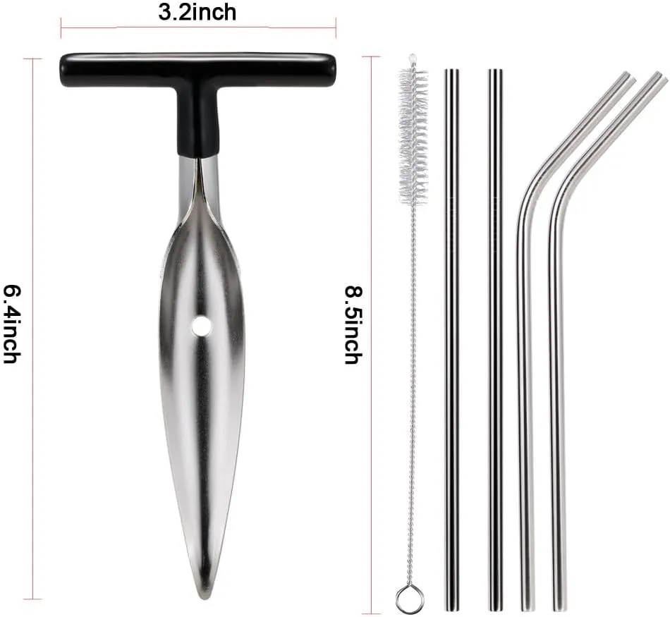 2 Pack Coconut Opener Tool Set with 4 Reusable Straws & Brush, Food Grade Stainless Steel Coco Nut Bottle Opener for Young Thai Green Fresh Coconut Water, Safe and Convenient Coco Drill Punch Tool