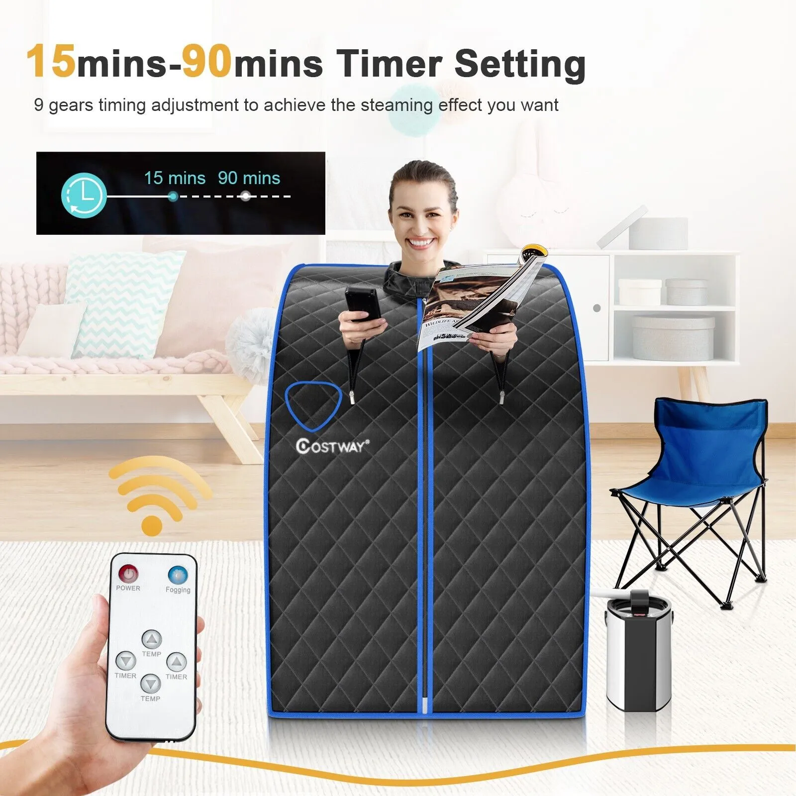 3L Portable Steam Sauna with 9-Level Temperature and Folding Chair-Black