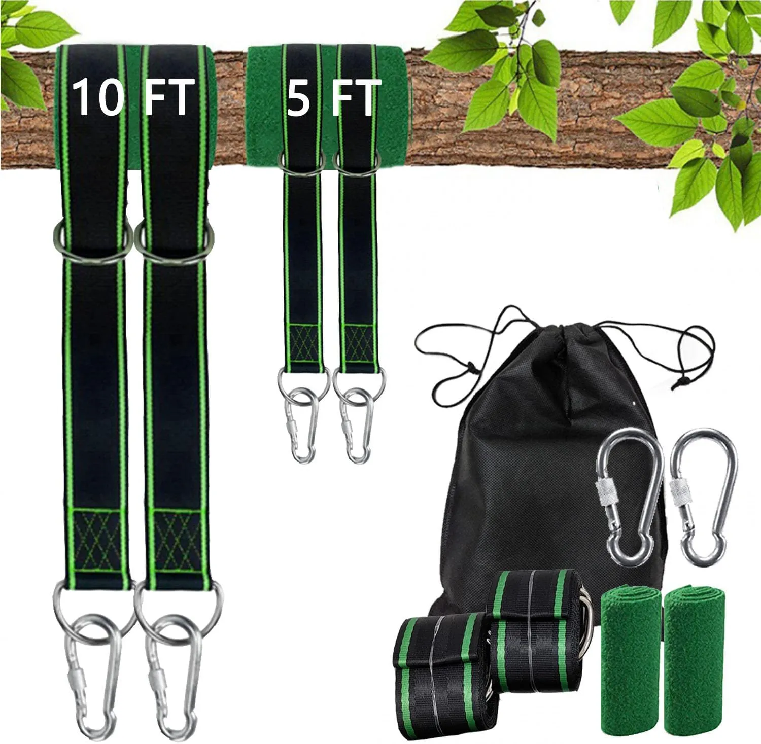 Extra Long Tree Swing Straps, 5FT/10FT Tree Swing Hanging Straps Kit Holds 2800 lbs with Tree Protector, Heavy Duty Carabiner and Swivel Perfect for Swings & Hammocks (5FT x 2)