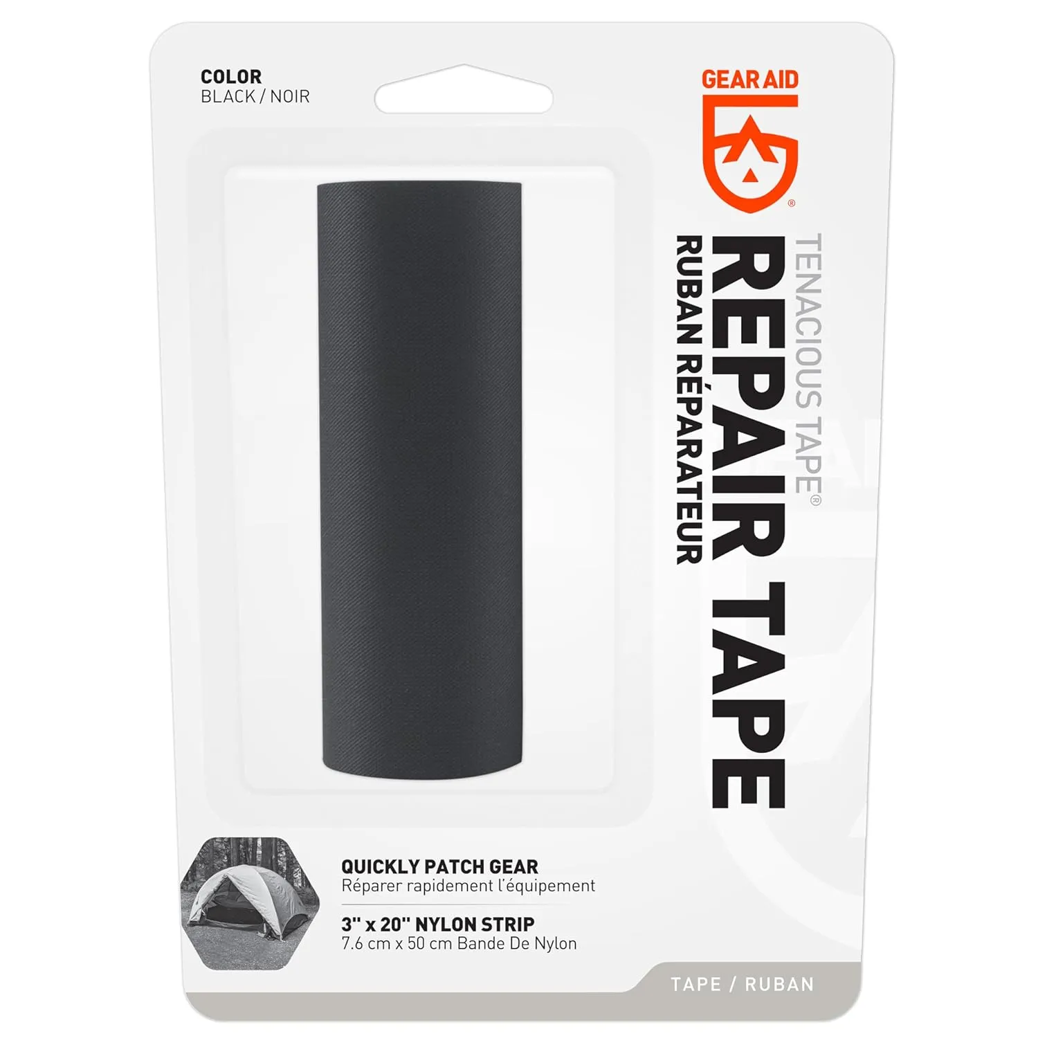GEAR AID Tenacious Tape 3x20 Fabric and Vinyl Gear Repair Tape, Quickly Fix Holes and Rips in Puffy Jackets, Rain and Snow Gear, Tents, Sleeping Bag and More, Black, 1 Pack