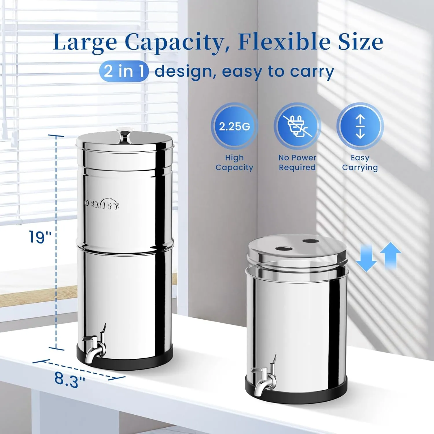 Gravity Water Filter System, 2.25G Berkey Stainless Steel Countertop System Water Purifier, Reduce 99% Chlorine for Home Camping Backpacking RVing, 2 Carbon Filters