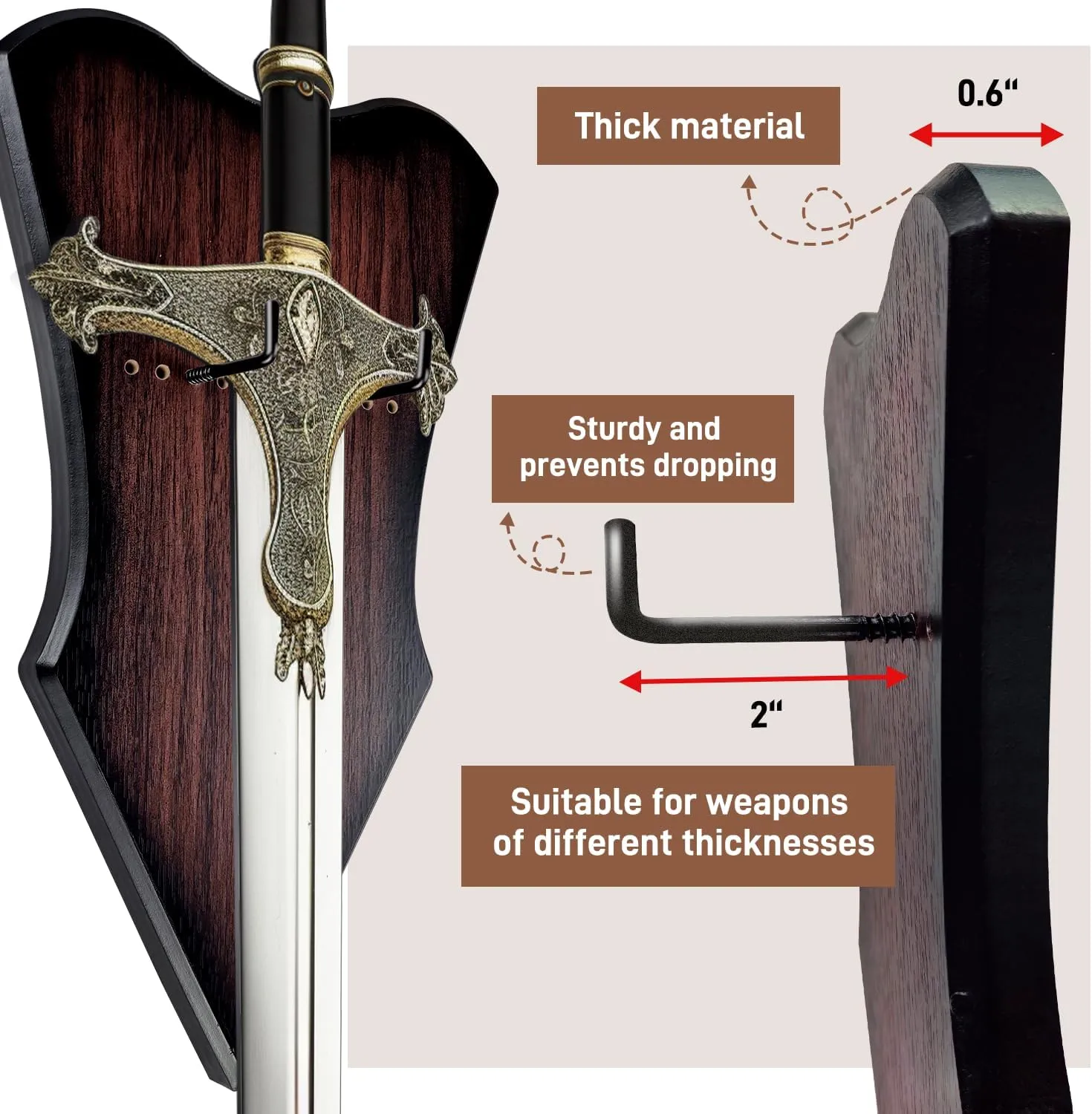 Sword Plaque Wall Mount Vertical Display Holder Adjustable Stand for Bow Medieval Dagger Axe (1pcs Large Brown)