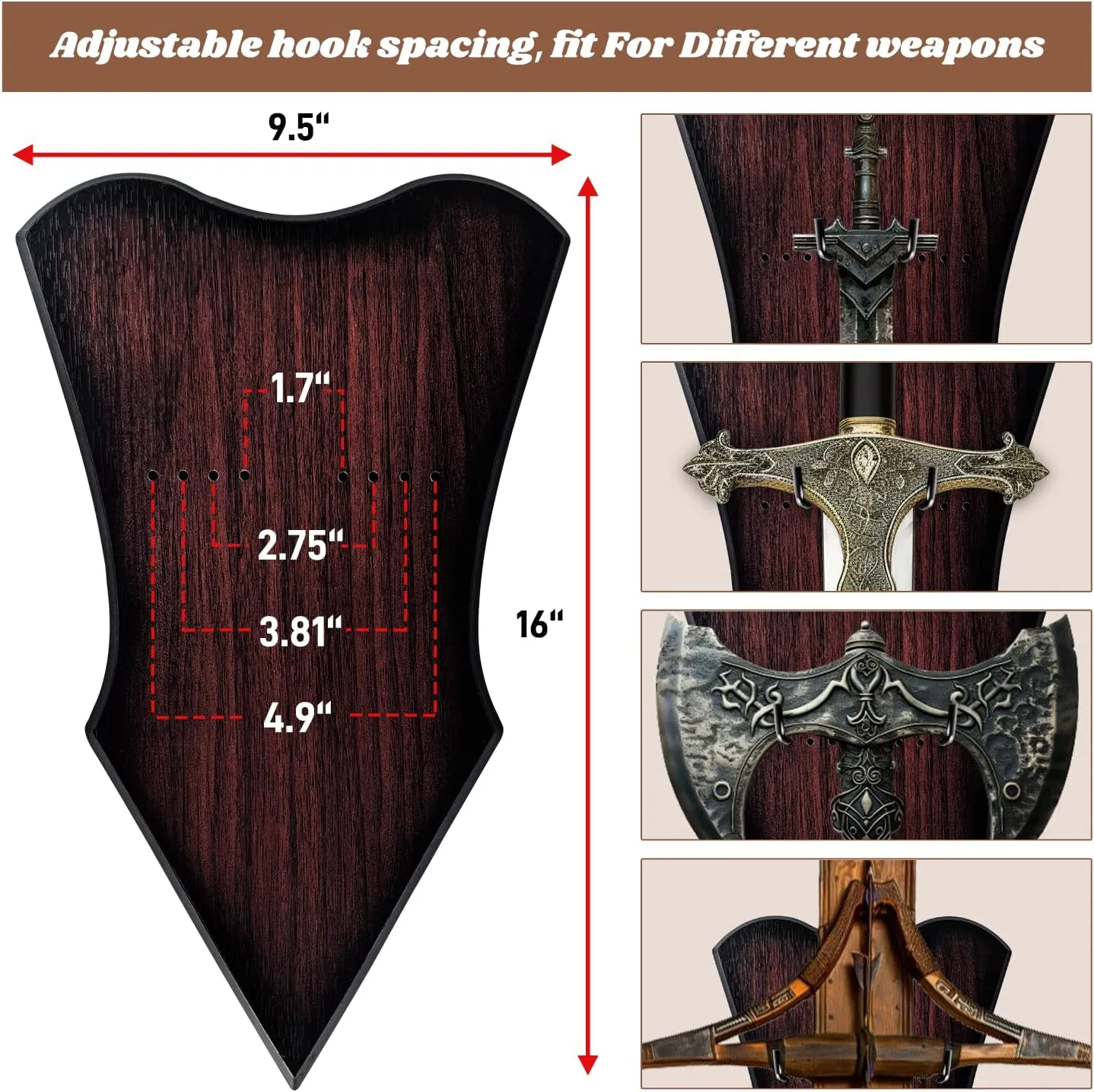 Sword Plaque Wall Mount Vertical Display Holder Adjustable Stand for Bow Medieval Dagger Axe (1pcs Large Brown)