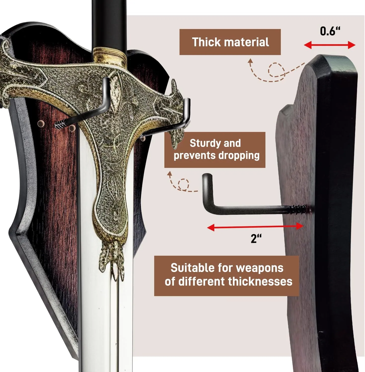 Sword Plaque Wall Mount Vertical Display Holder Adjustable Stand for Bow Medieval Dagger Axe (2pcs Medium Brown)