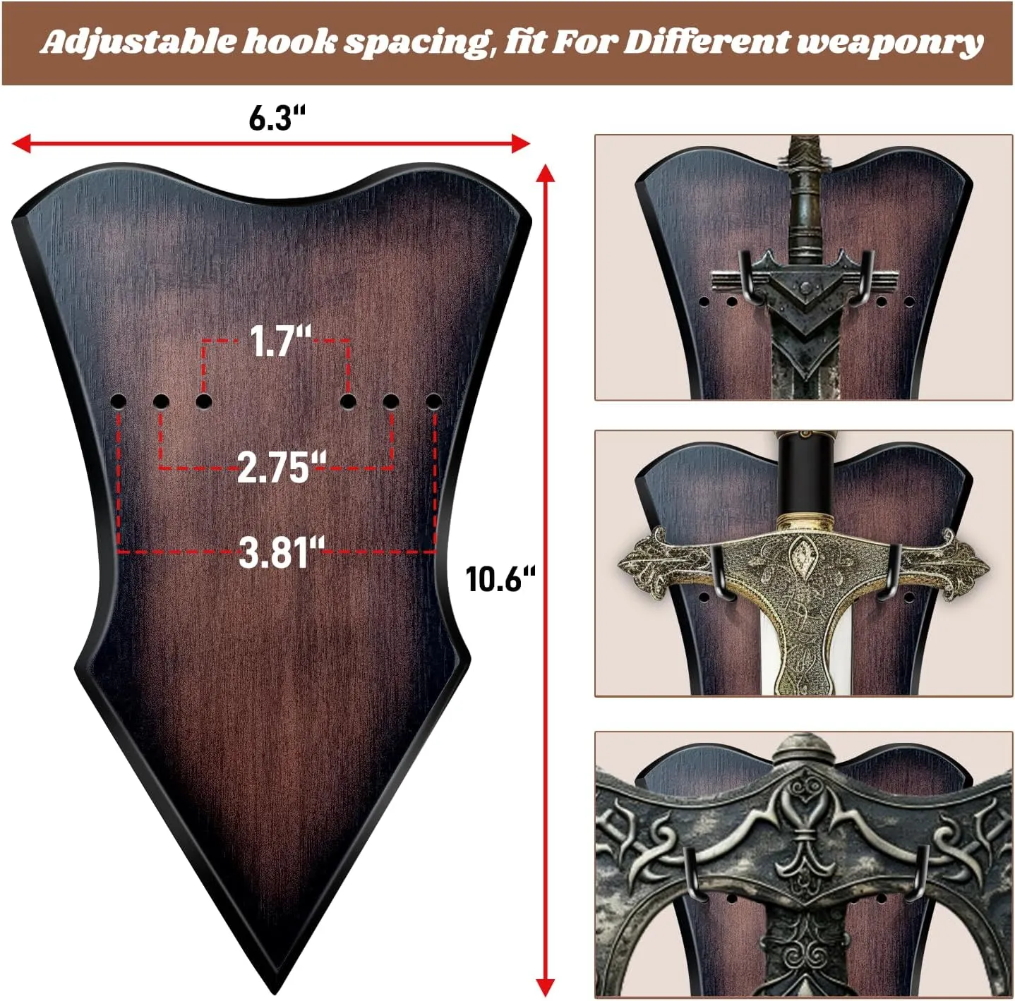 Sword Plaque Wall Mount Vertical Display Holder Adjustable Stand for Bow Medieval Dagger Axe (2pcs Medium Brown)