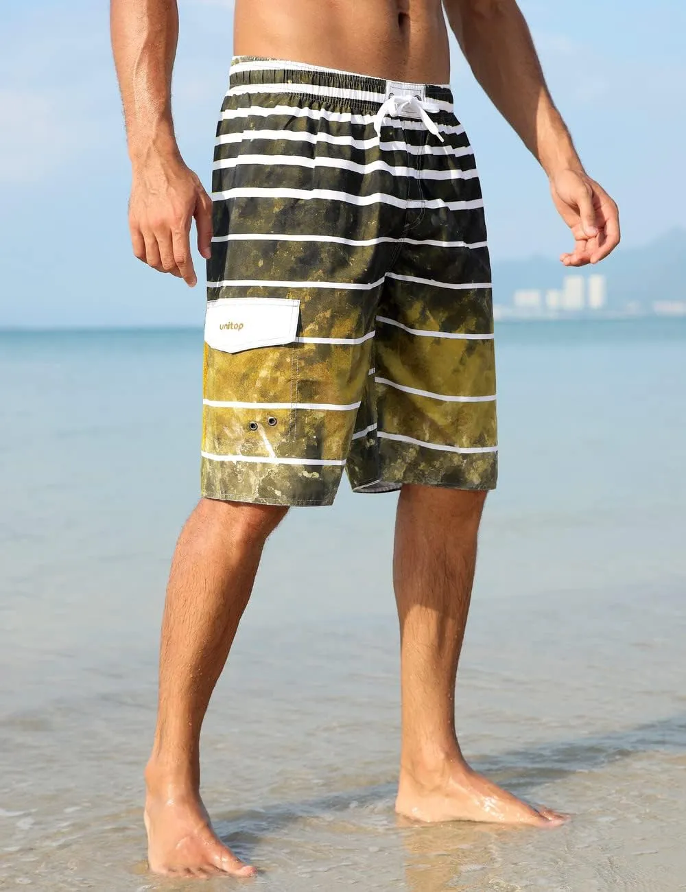 unitop Men's Swimming Trunks Quick Dry Summer Striped Beach Board Shorts with Lining