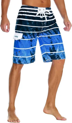 unitop Men's Swimming Trunks Quick Dry Summer Striped Beach Board Shorts with Lining