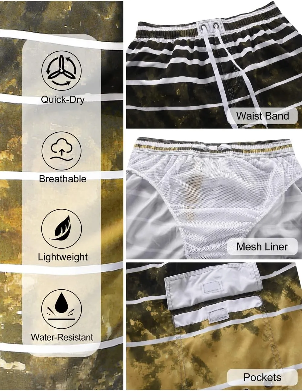 unitop Men's Swimming Trunks Quick Dry Summer Striped Beach Board Shorts with Lining