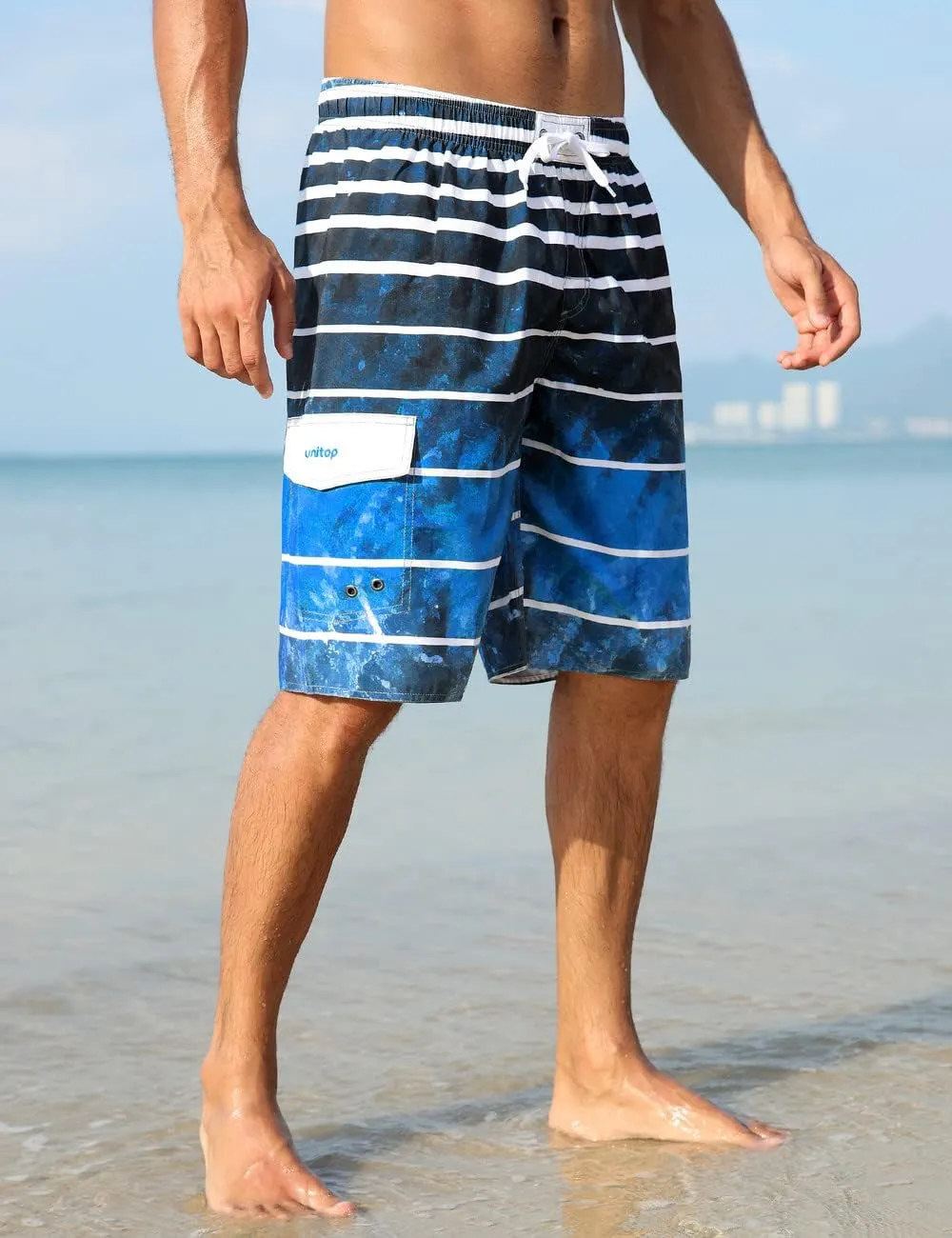 unitop Men's Swimming Trunks Quick Dry Summer Striped Beach Board Shorts with Lining