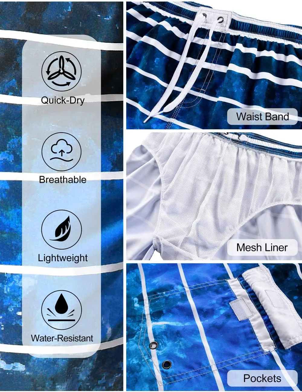 unitop Men's Swimming Trunks Quick Dry Summer Striped Beach Board Shorts with Lining